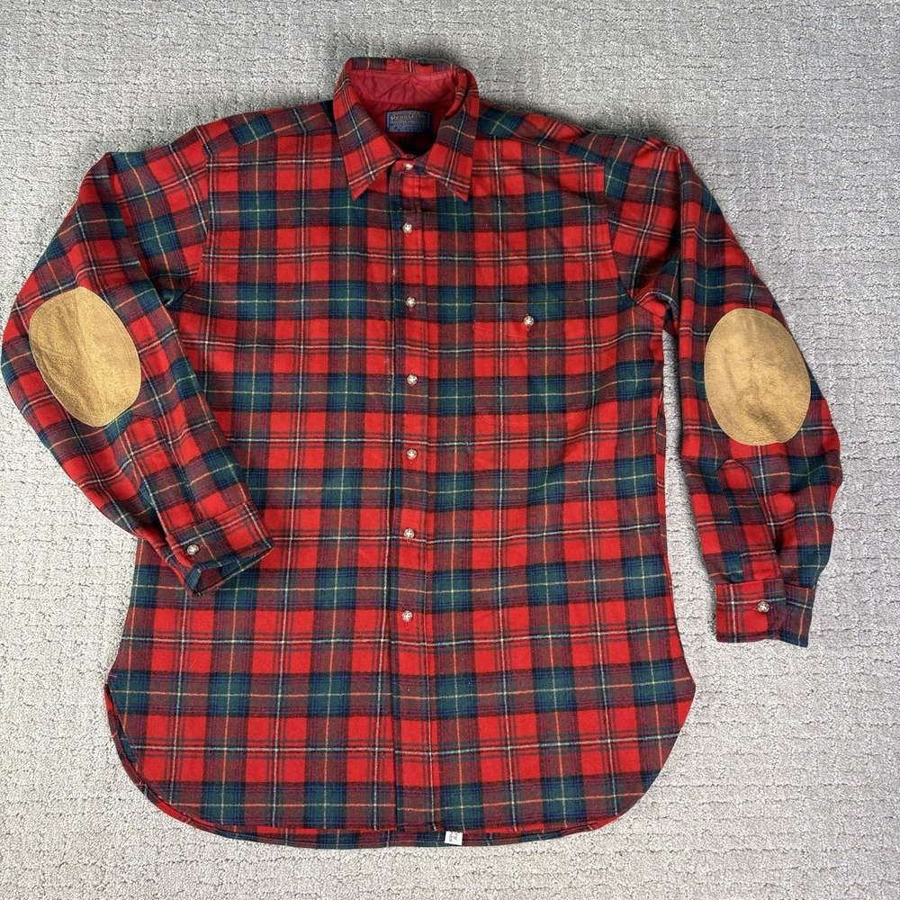 Vintage Pendleton Flannel Plaid Red Elbow Patch Pure Wool Mens Large